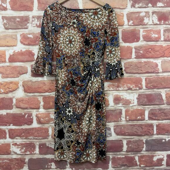 Connected Apparel Dress Women's 6 Multicolor Boho Floral Abstract Bell Sleeves - Picture 1 of 8